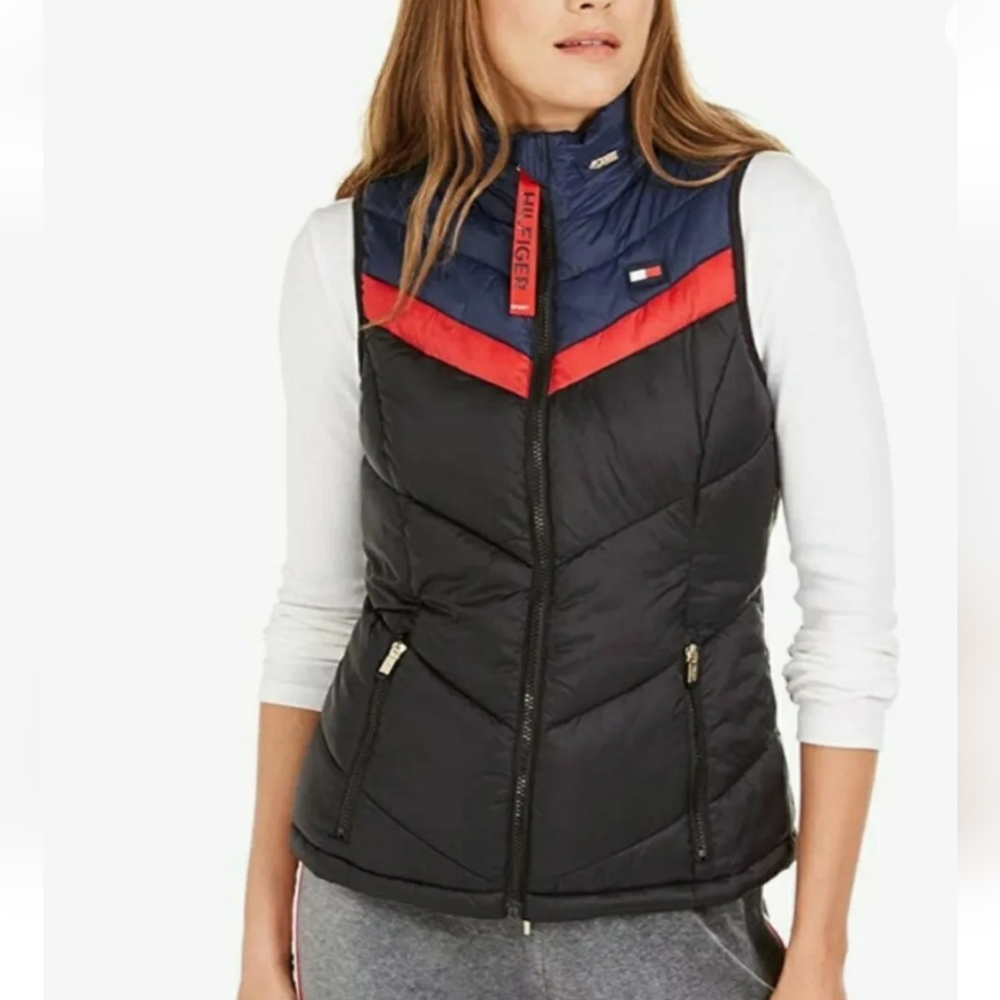 Tommy Hilfiger Womens Black Sleeveless Windbreaker Water-resistant Vest Size S